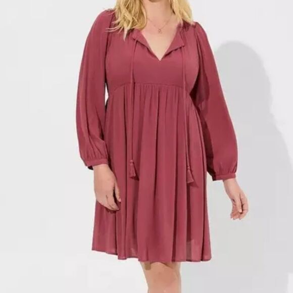 torrid Dresses & Skirts - Torrid Mini Washable Gauze Fit and Flare Dress Maroon Sz 1X‎ 14-16 Lined Tassels
